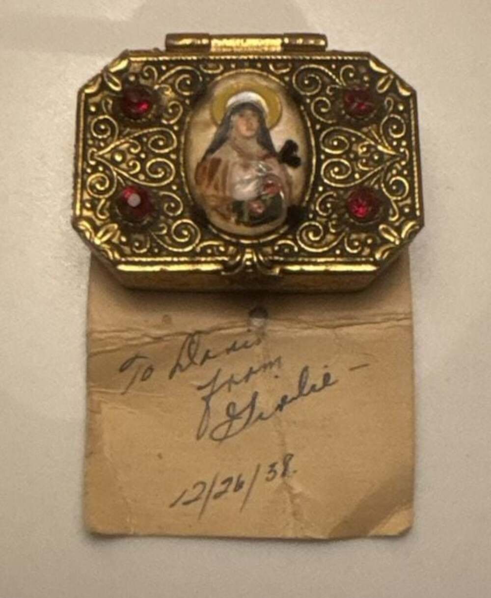 Vintage 1938‎ Religious Saint Portrait Pill Box with Red Rhinestones